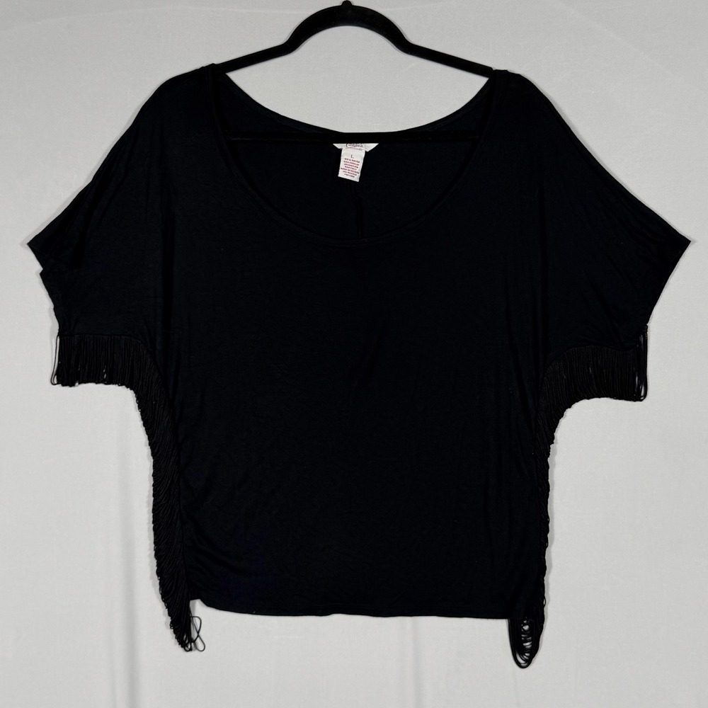 Candie's Fringe Side Dolman Crop Top Wms Lg Black Shirt Y2K Festival Boho Indie
